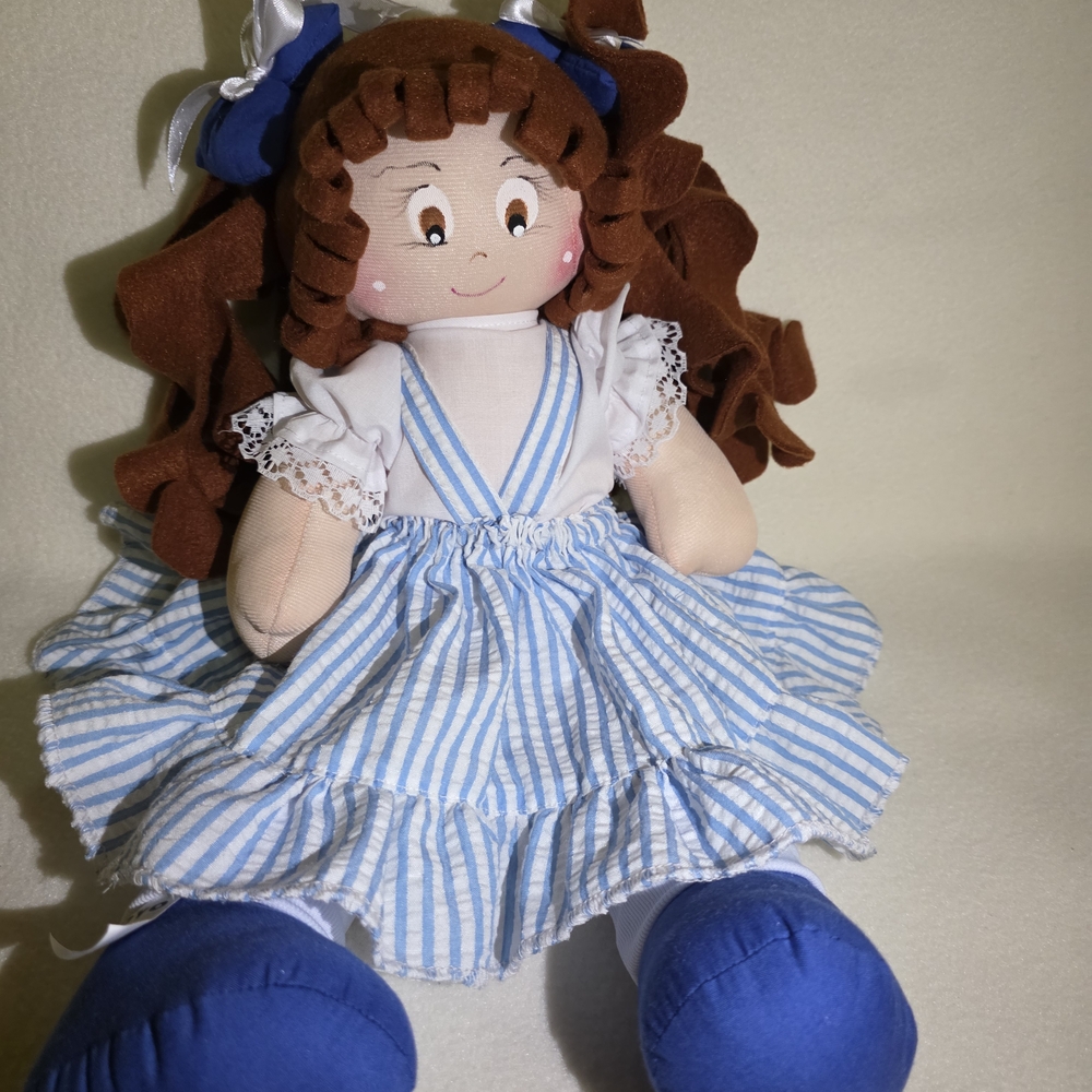 Striped Blue and White Rag Doll with Brown Hair